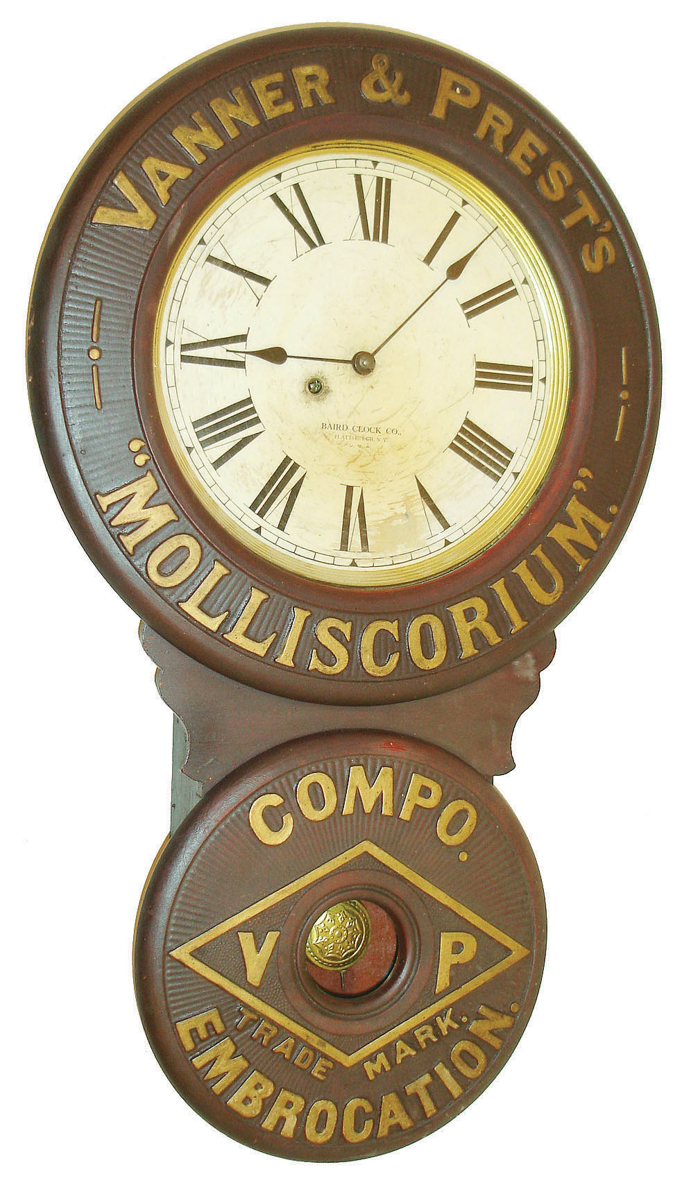 Baird Clock Co., Plattsburgh, NY, "Vanner &amp; Prest's Molliscorium" advertising wall clock, 8 days, time only, spring driven movement in wooden case with paper mache doors and paper dial, c1893 — Antique Clocks Price Guide