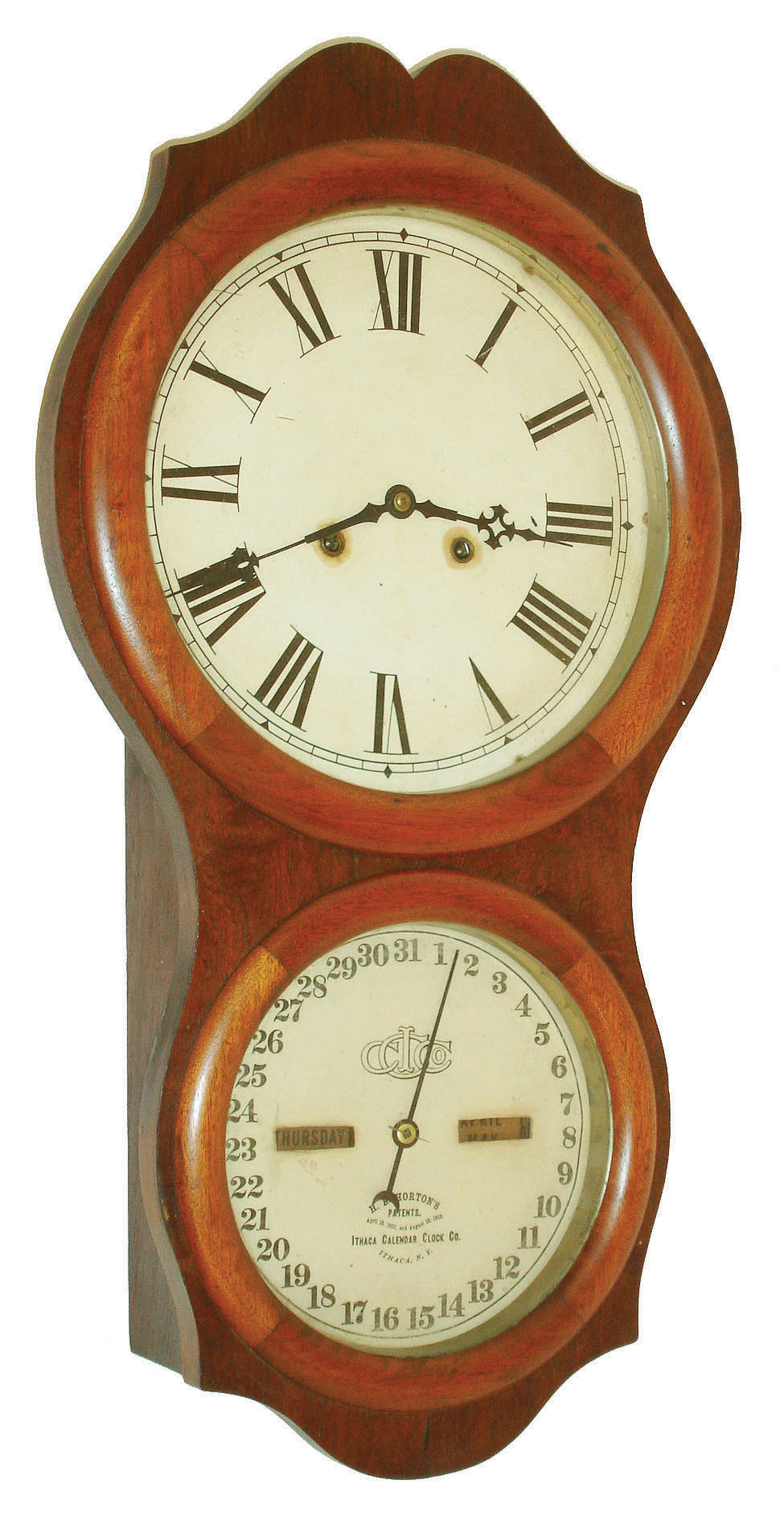 Ithaca Calendar Clock Co., Ithaca, New York, "No. 4 Hanging Office"  30 day spring brass movement double dial calendar clock, c1880 — Antique Clocks Price Guide