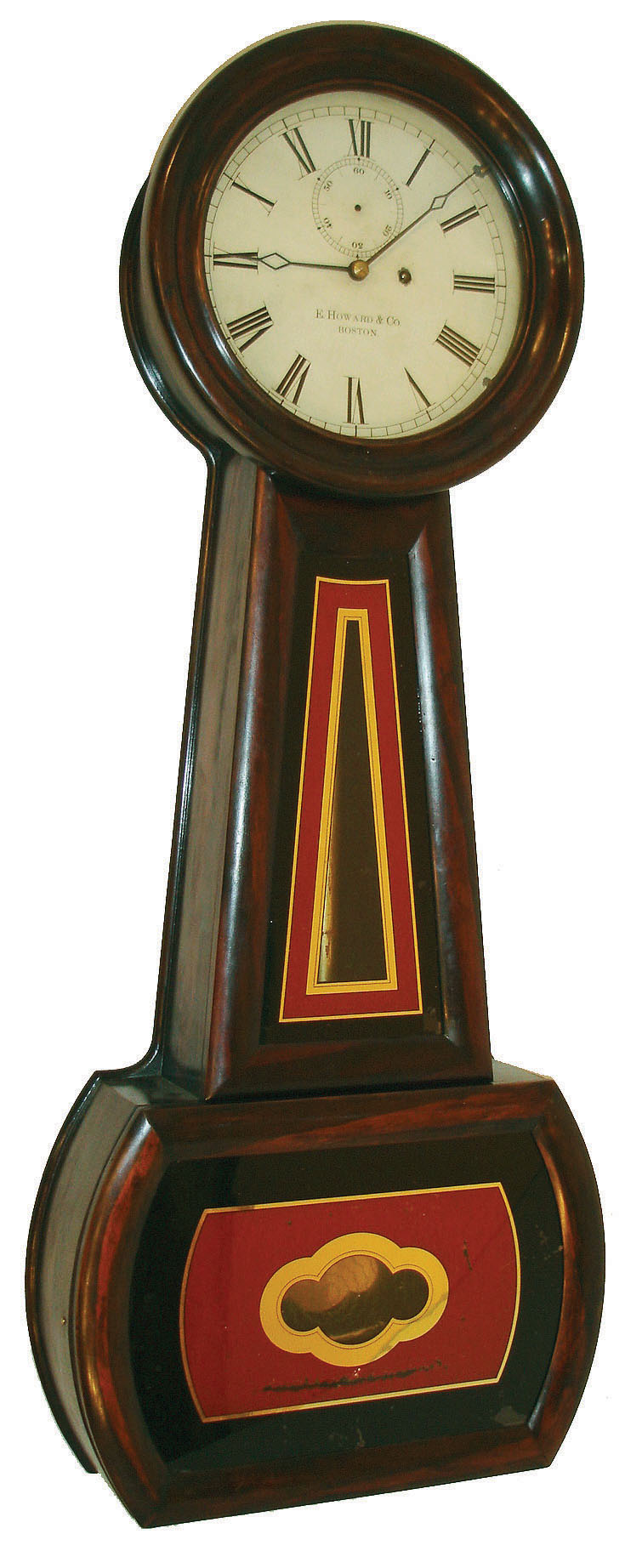 E. Howard &amp; Co., Boston, Mass., "No. 1 Regulator" banjo wall clock, 8 days, time only, weight driven reproduction Howard No. 1 movement by David Lindow in a rosewood grained case with painted metal dial and reverse painted tablets, c1880 — Antique Clocks Price Guide