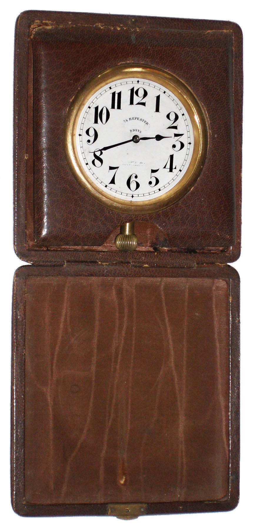Swiss brass 8 day 1/4 repeater 15 jewel travel clock, with leather case,  c1900 — Antique Clocks Price Guide