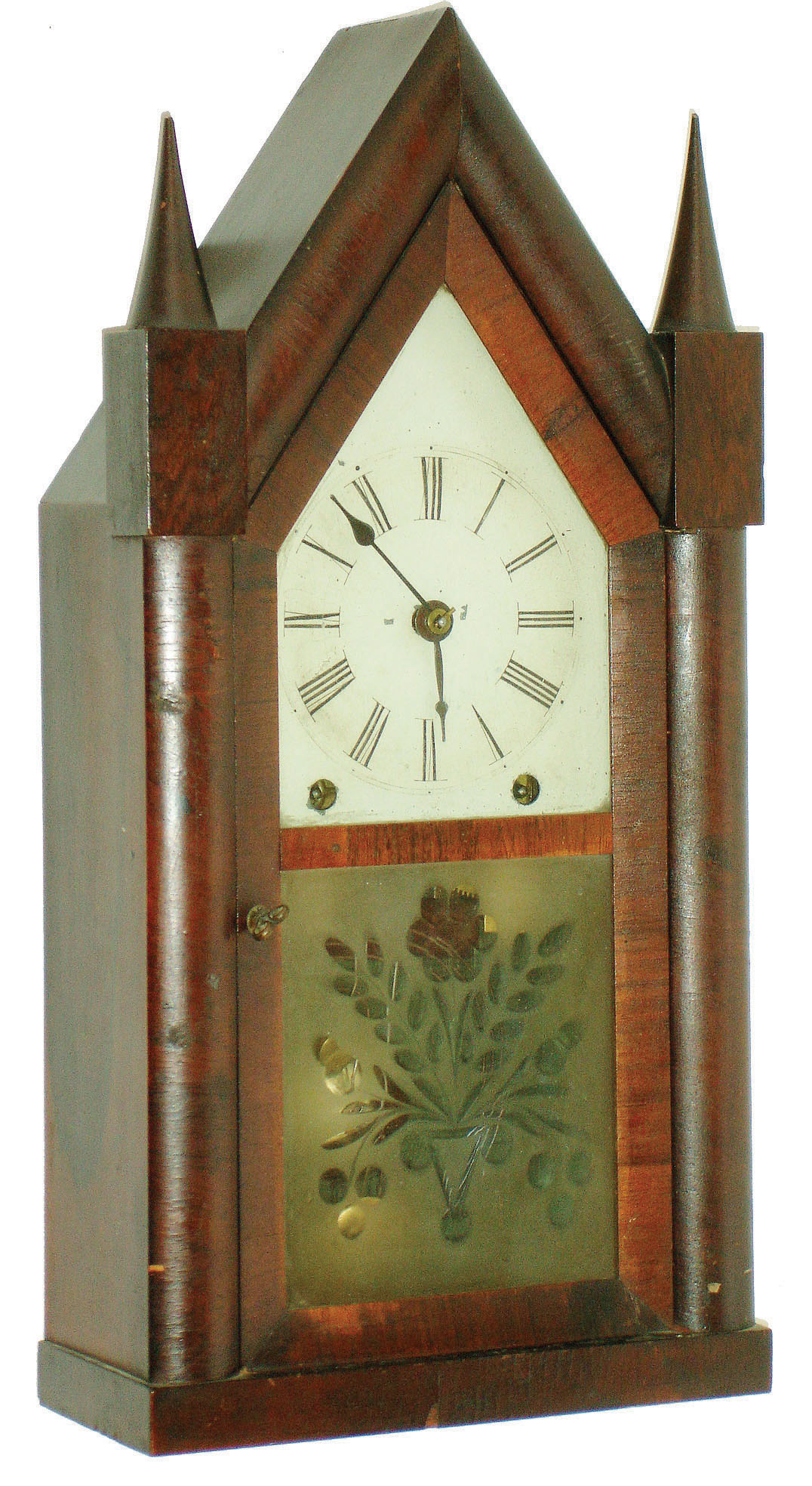 Brewster &amp; Ingrahams, Bristol, Conn., 8 day. time and strike sharp gothic or steeple clock. c.1845 — Antique Clocks Price Guide