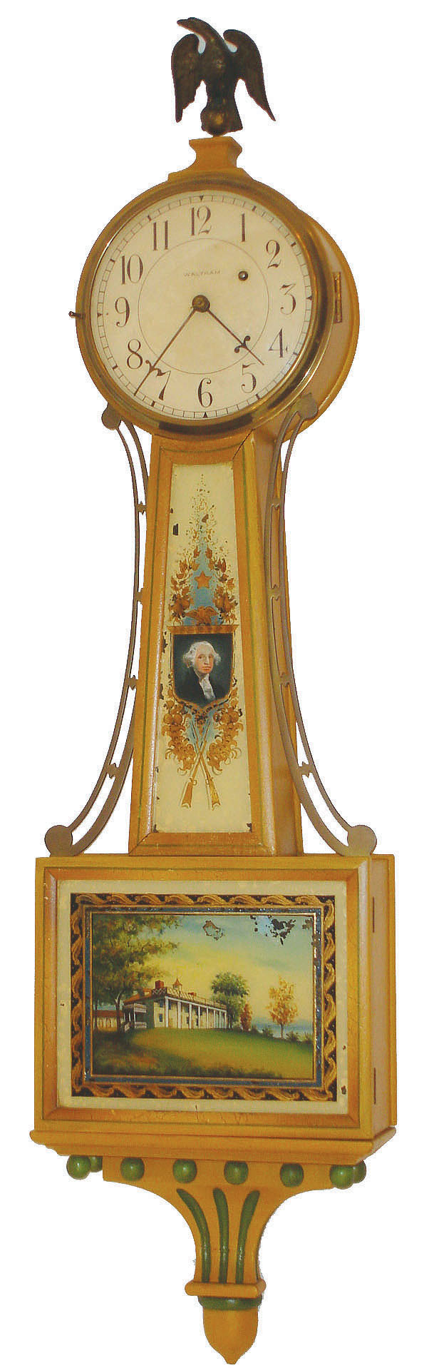 Waltham Watch Co., Waltham, Mass., 8 day, weight patent or banjo timepiece, c1930 — Antique Clocks Price Guide
