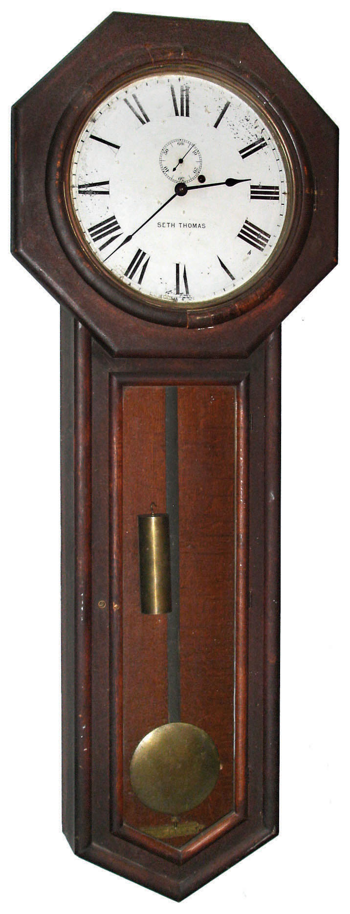 Seth Thomas Clock Co., Thomaston, Conn., "Regulator No. 18" oak long drop octagon weight driven wall clock, c1915 — Antique Clocks Price Guide