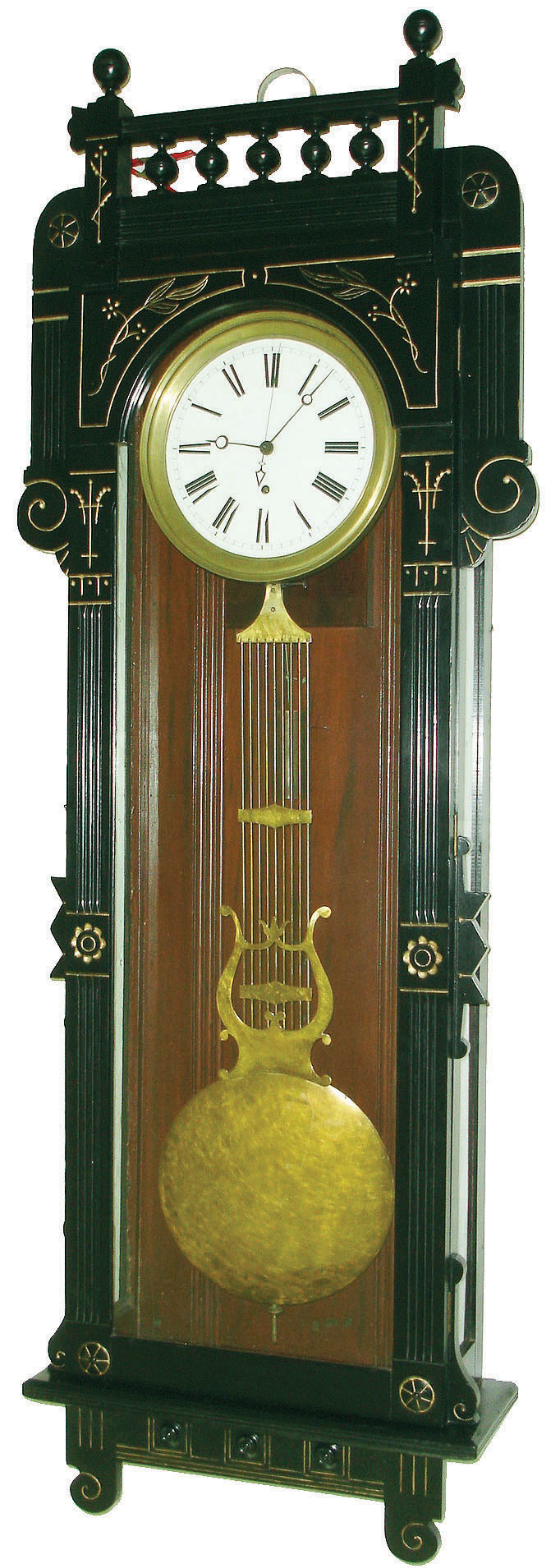 New Haven Clock Co., New Haven, Conn., "Regulator No. 6" wall clock, 8 days, time only, weight driven movement with pinwheel escapement in an ebonized cherry case with gold highlights and white enamel dial, c1883 — Antique Clocks Price Guide