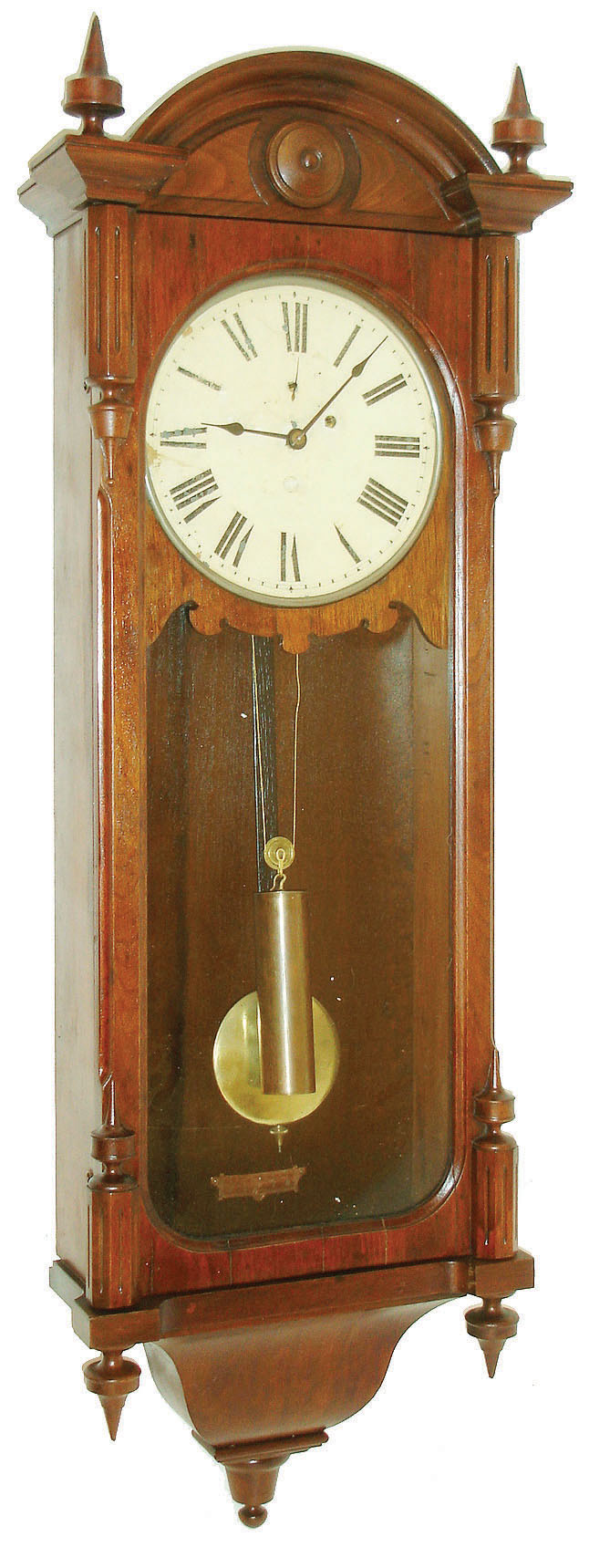 Seth Thomas Clock Co., Thomaston, Conn., "Regulator No. 6" wall clock, 8 days, time only, weight driven movement in a mahogany case with painted metal dial, brass pendulum bob and weight, c1880 — Antique Clocks Price Guide