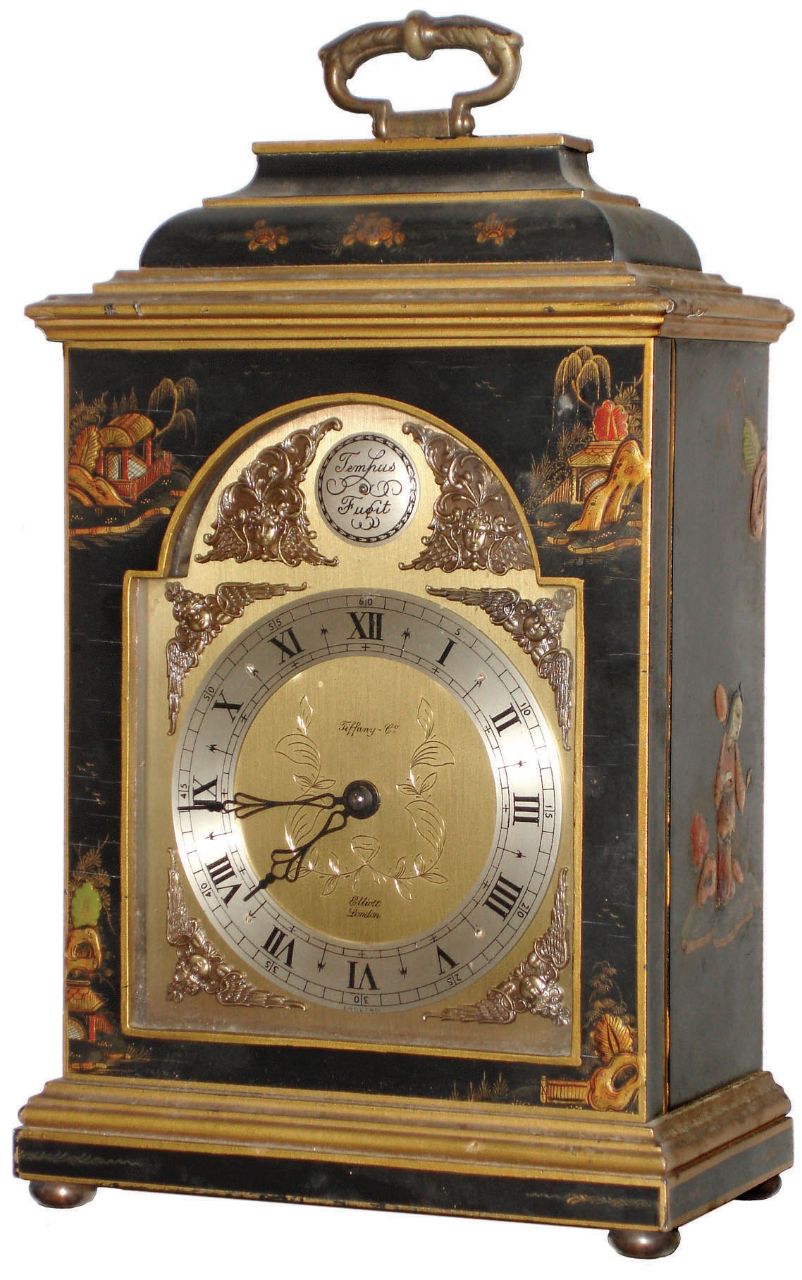 Elliott, London, 8 day Japanned wood miniature bracket timepiece for Tiffany &amp; Co., c1975 — Antique Clocks Price Guide