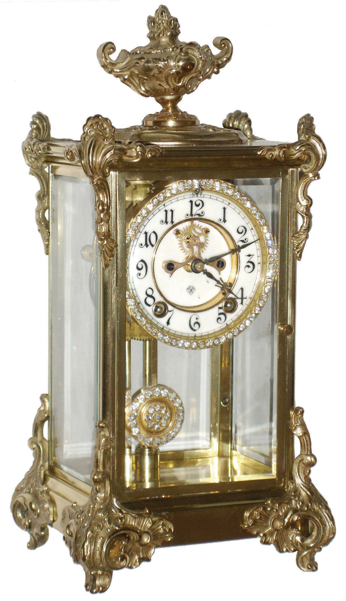 Ansonia Clock Co., New York, "Marquis" brass and beveled glass 8 day time and strike visible escapement crystal regulator with rhinestone highlights on dial and pendulum, c1905 — Antique Clocks Price Guide