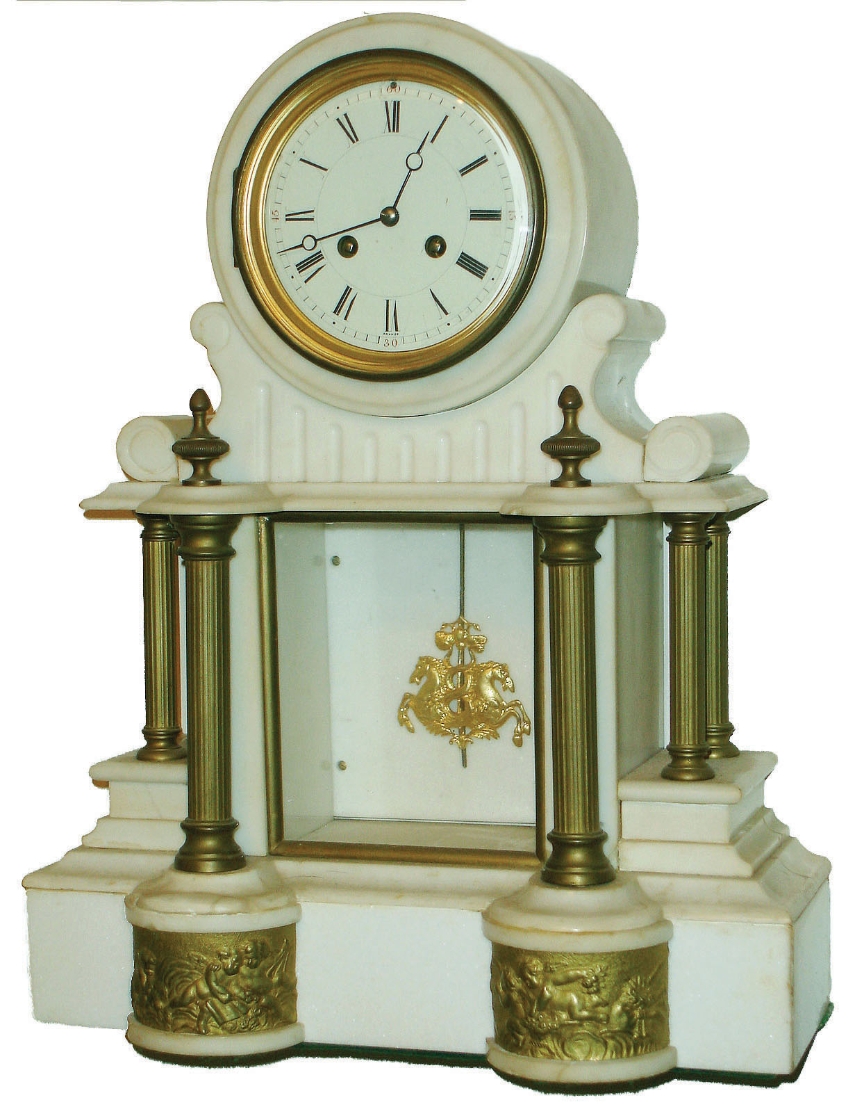 French white marble and cast brass 8 day time and strike mantel clock, c1870 — Antique Clocks Price Guide