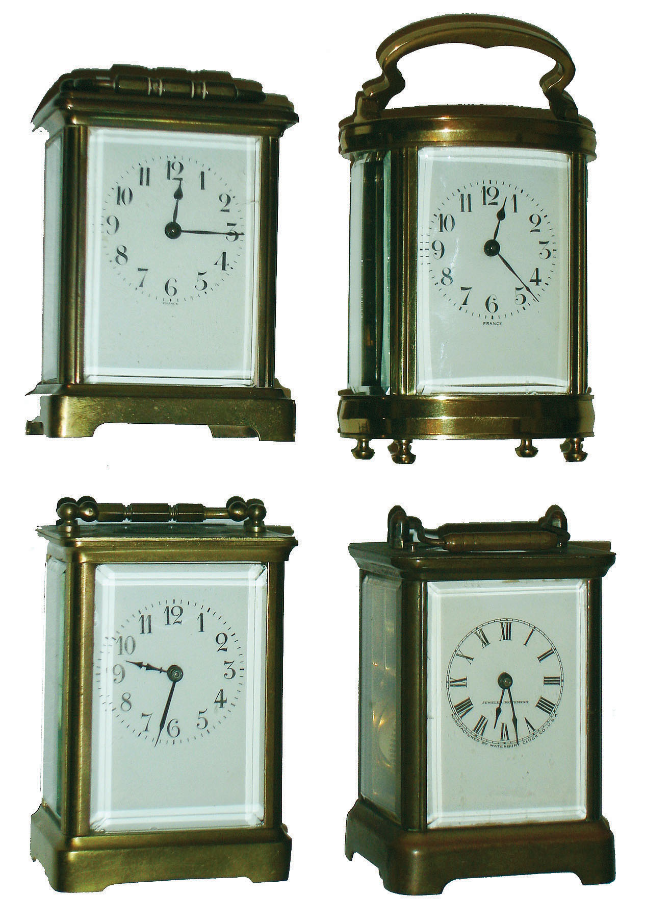 Clocks- 4 (Four) 8 day brass and glass  carriage clocks, three time-only French, one Waterbury "Sage" repeater, early 20th century — Antique Clocks Price Guide