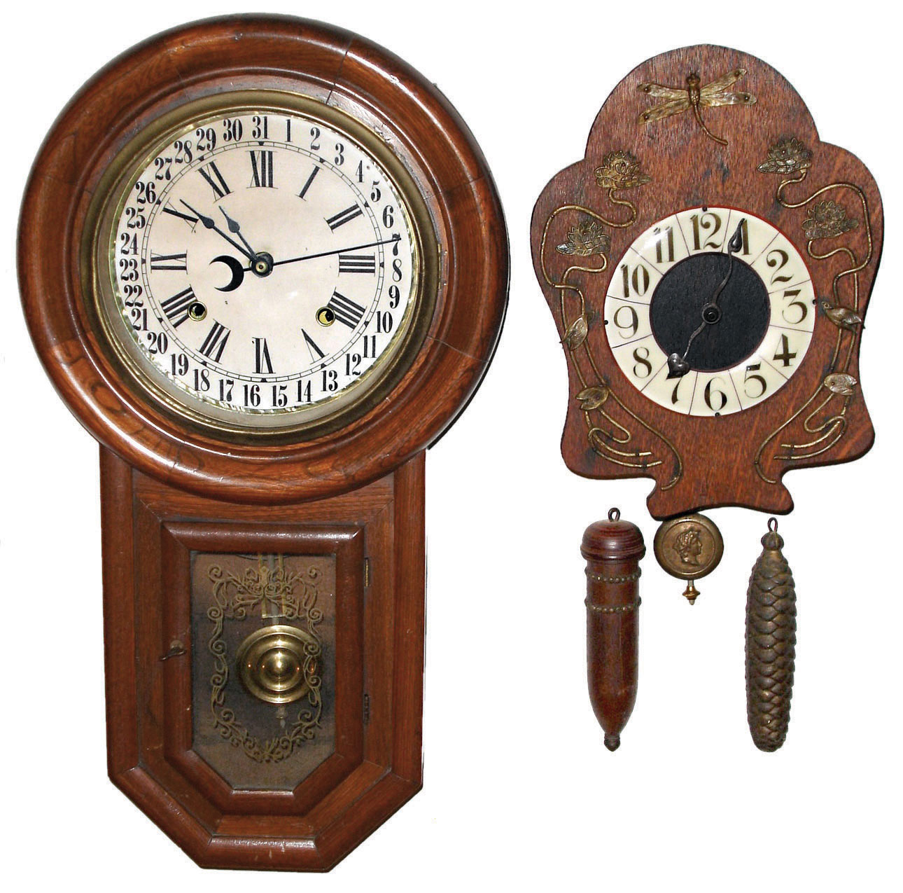 Clocks- 2 (Two) time and strike wood wall clocks:  German Black Forest 30 hour weight driven wag on wall; Japanese 8 day round head calendar school clock; early 20th century — Antique Clocks Price Guide