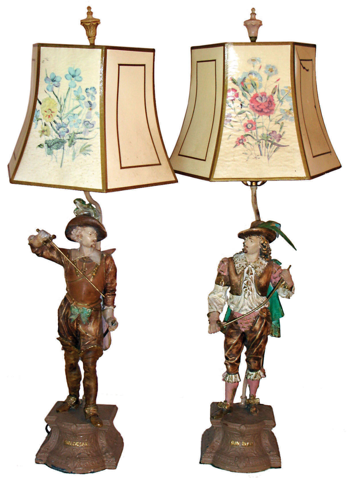 Side Pieces, Don Juan and Don Caesar, painted cast  metal figures now converted to electric lamps, with cloth shades, 20th century — Antique Clocks Price Guide