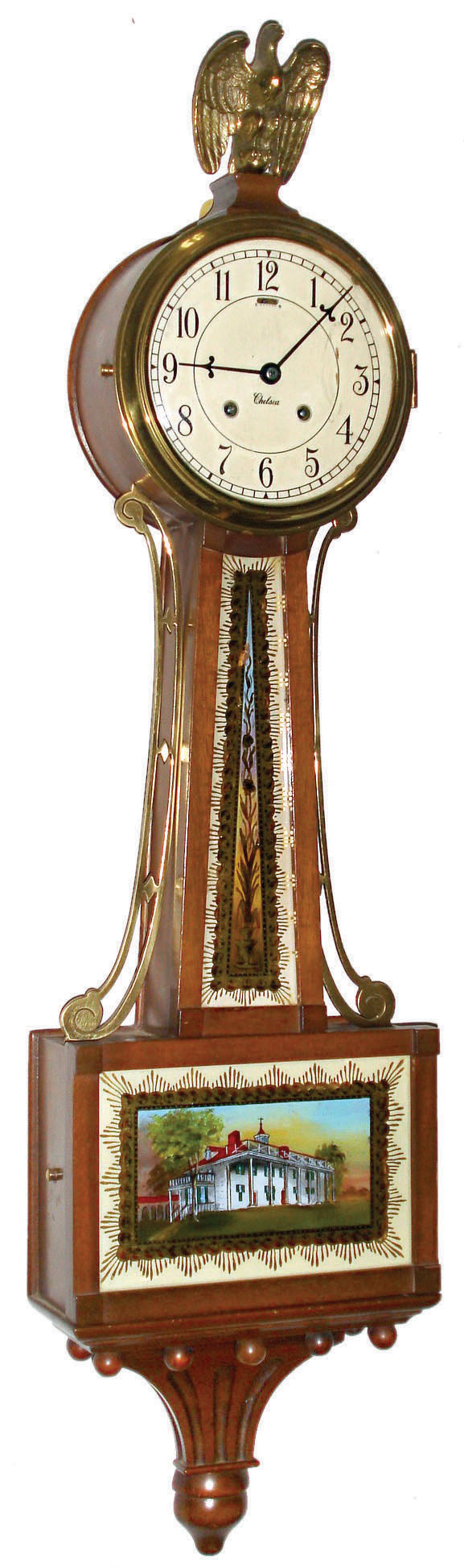Chelsea Clock Co., Boston, 8 day time and house strike spring driven mahogany 3/4 banjo timepiece, C1950 — Antique Clocks Price Guide