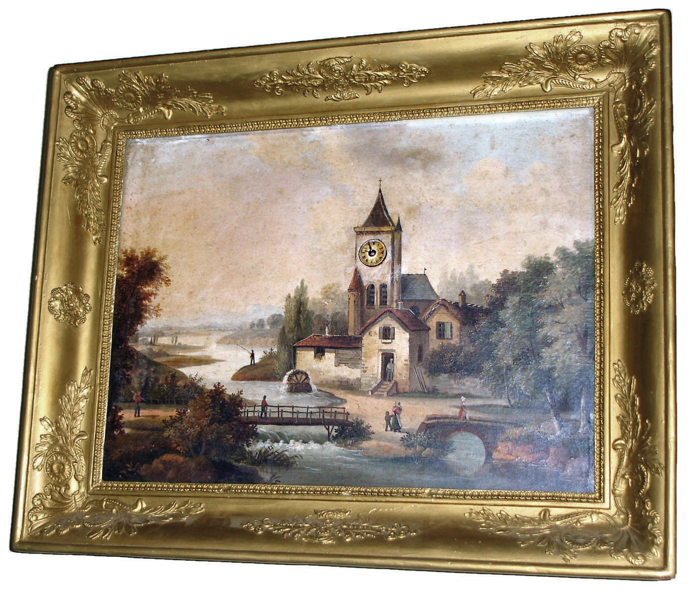 French picture clock, oil on canvas, 8 day time and strike movement by Chaumont, Paris, with 4-tune music box, c1880 — Antique Clocks Price Guide