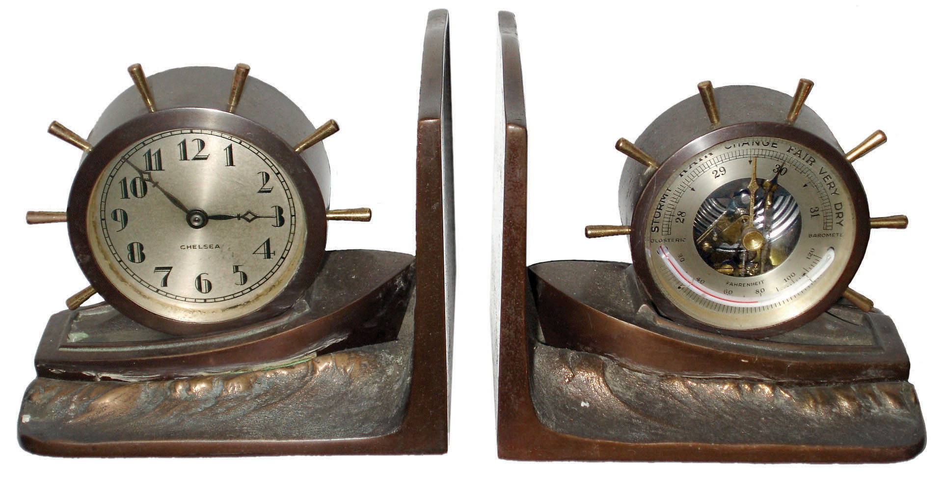 Chelsea Clock Co., Boston, Mass. "Bookends" cast bronze set of 8 day timepiece and barometer/thermometer, c1941 — Antique Clocks Price Guide