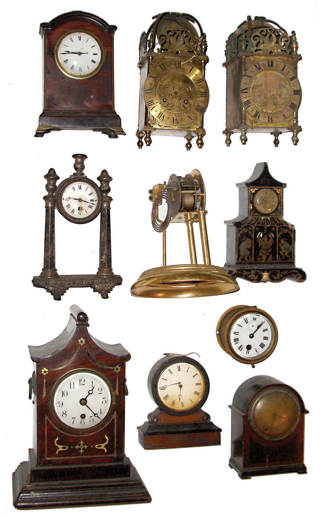 Clocks- 10 (Ten) small mechanical metal and wood case clocks, 19th &amp; 20th centuries — Antique Clocks Price Guide