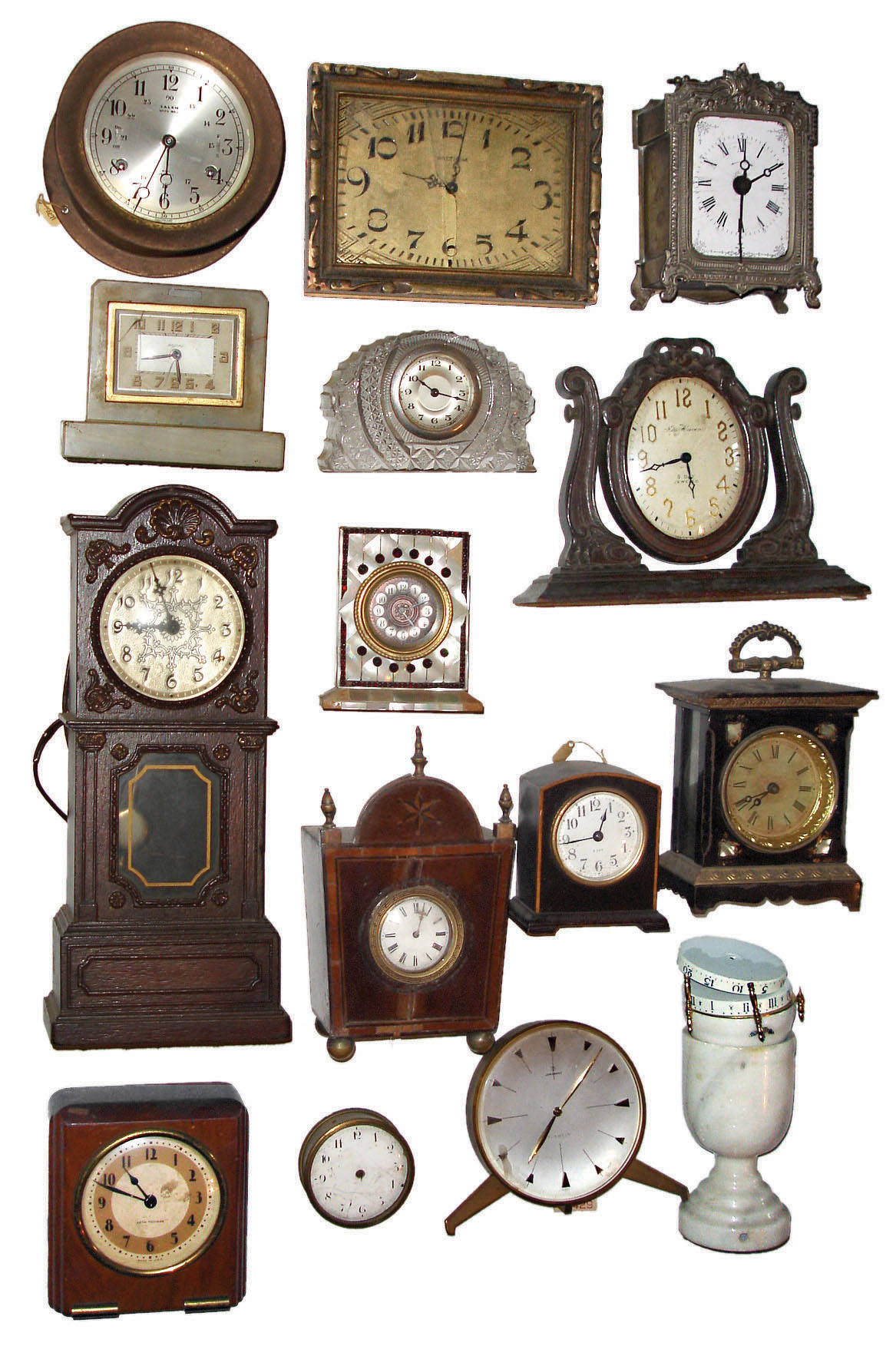 Clocks- 15 (Fifteen) small mechanical wood, metal and marble case, 19th &amp; 20th centuries — Antique Clocks Price Guide