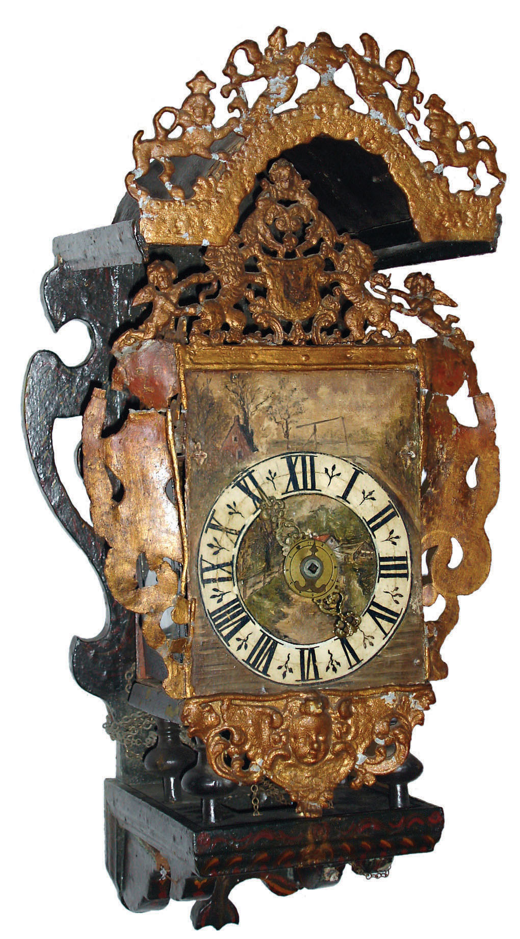 Dutch Stoelklok, painted wood and cast metal time and strike wall clock, 30 hour weight driven, c1790 — Antique Clocks Price Guide