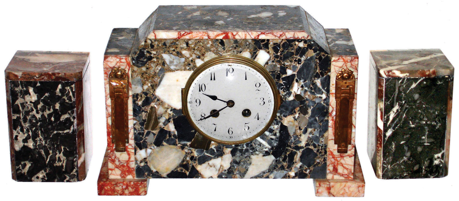 French marble Art Deco 8 day time and strike clock garniture set, c1925 — Antique Clocks Price Guide