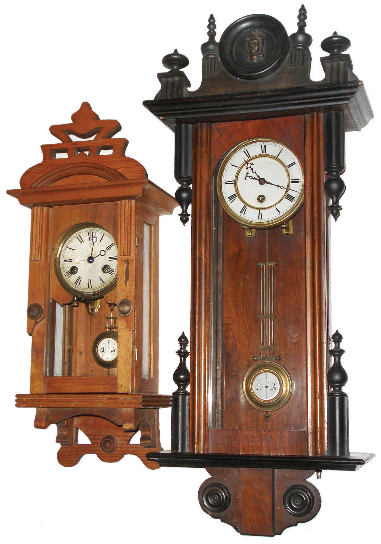 Clocks- 2 (Two) German 8 day wall clocks; unsigned time only R/A with porcelain dial; Junghans R/A time and strike with paper dial, early 20th century — Antique Clocks Price Guide