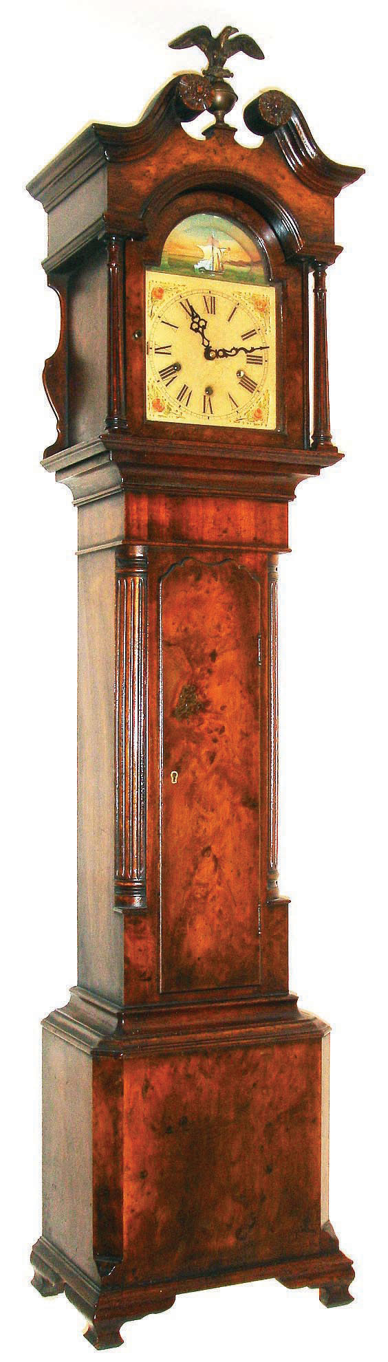A mini grand daughter tall case with rocking ship and chiming Westminster chimes on the quarters, unsigned but surely from the workshop of Elmer Stennes of Weymouth, Mass,  c1965 — Antique Clocks Price Guide