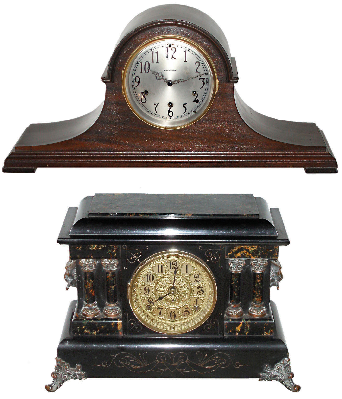 Clocks- 2 (Two) Seth Thomas, Thomaston, Conn., 8 day time and strike mantel clocks: "No. 92 Chime" mahogany tambour; "Prince" Adamantine; early 20th century — Antique Clocks Price Guide