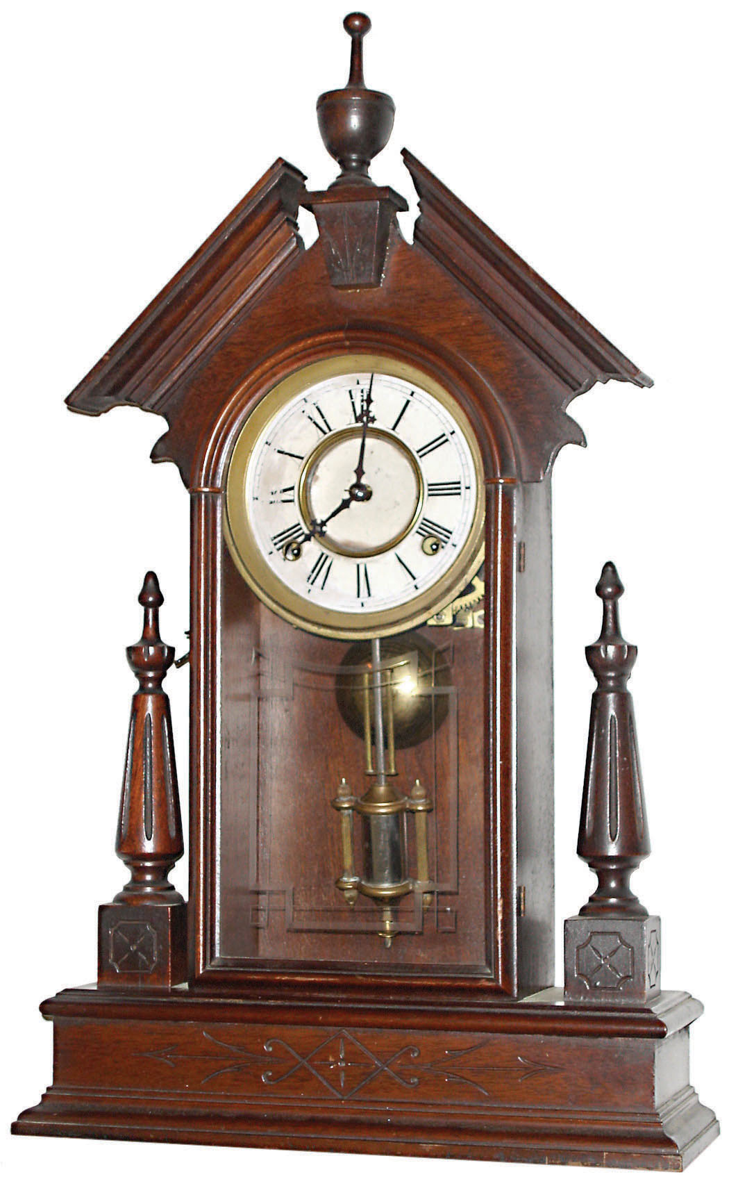 Geo. B. Owen, Winsted, Conn., walnut 8 day time and strike mantel parlor clock, c1870 — Antique Clocks Price Guide