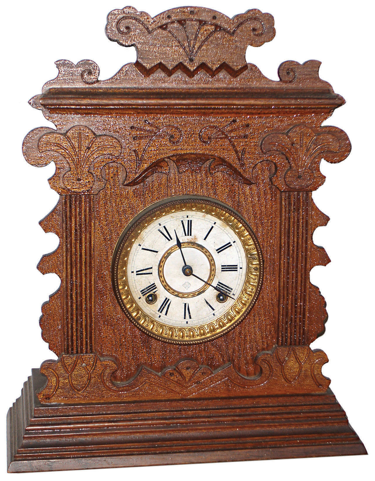 Ansonia Clock Co., New York, "Vinton" oak 8 day time and strike cabinet mantel clock, c1901 — Antique Clocks Price Guide