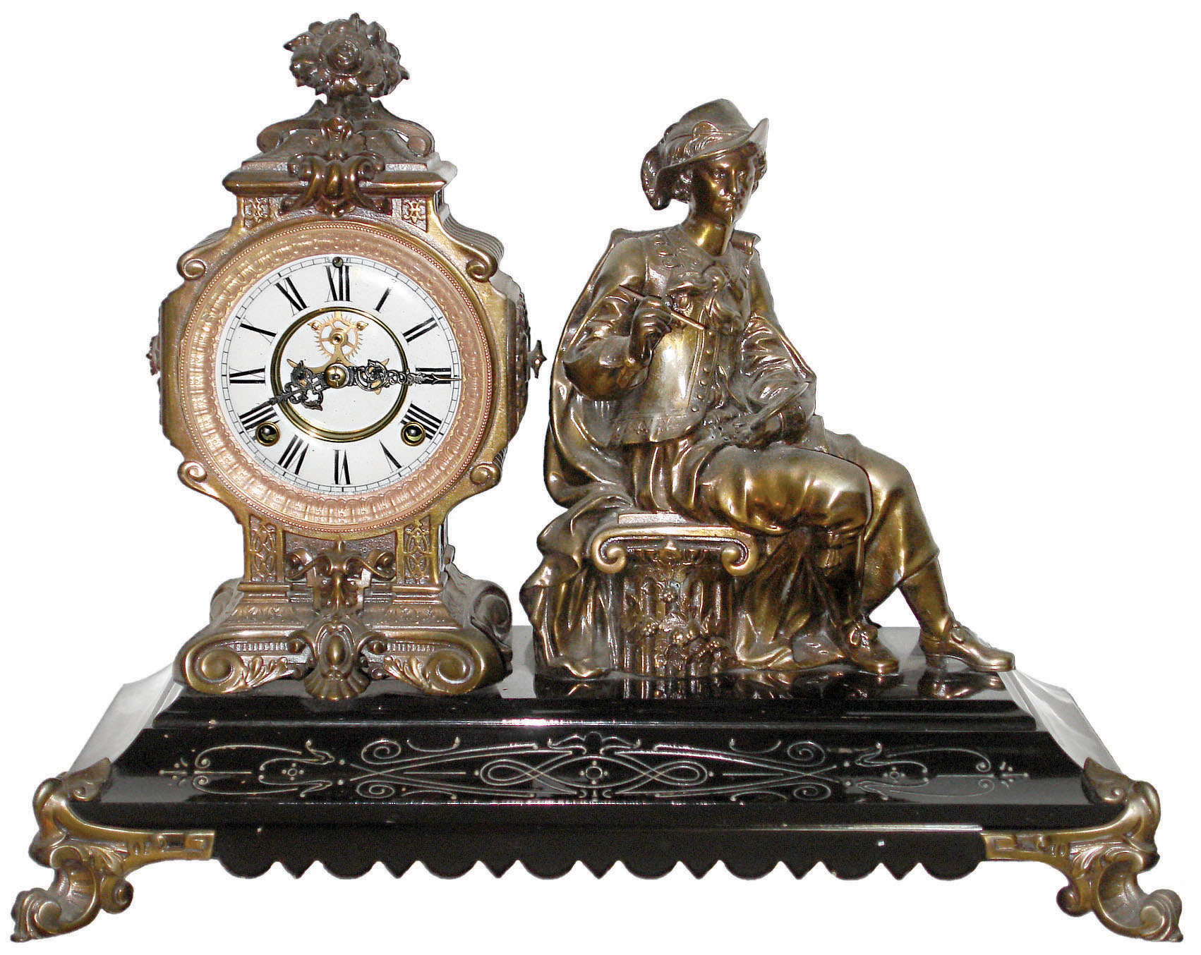Ansonia Clock Co., New York, "Reubens" figural clock on an enameled iron base, 8-day time and strike with visible escapement, c1894 — Antique Clocks Price Guide