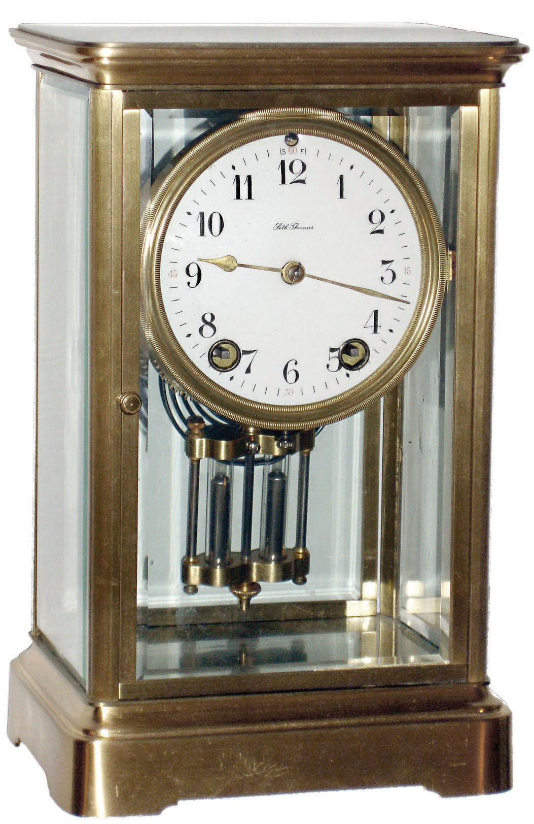 Seth Thomas Clock Co., Thomaston, Conn., "Empire No. 0" 8-day time and strike brass crystal regulator mantel clock, c1911 — Antique Clocks Price Guide