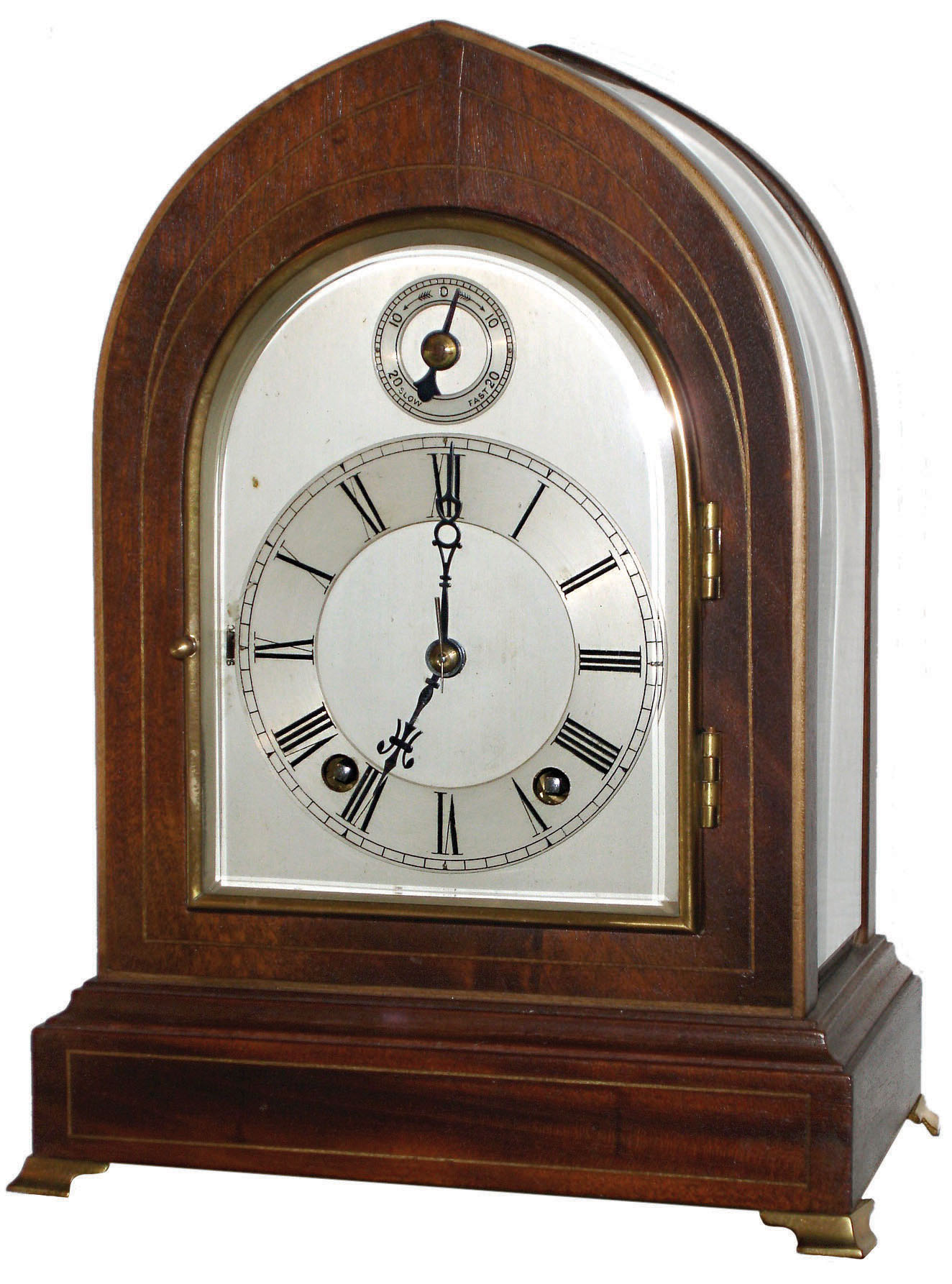 Winterhalder &amp; Hofmeier, Germany, arch top inlaid walnut and beveled glass 8 day 2 train Westminster chime mantel clock, c1910 — Antique Clocks Price Guide