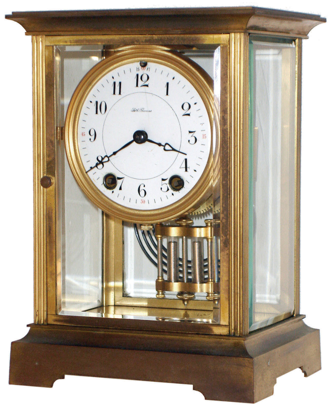 Seth Thomas Clock Co., Thomaston, Conn., "Empire No. 301" brass and glass time and strike crystal regulator mantel clock, c1920 — Antique Clocks Price Guide