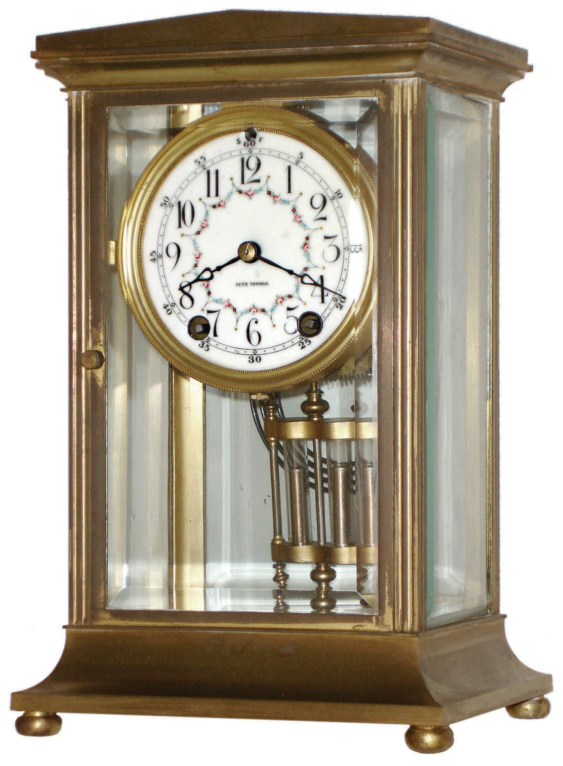 Seth Thomas Clock Co., Thomaston, Conn., "Empire No. 23" brass and glass 8 day time and strike crystal regulator, c1909 — Antique Clocks Price Guide