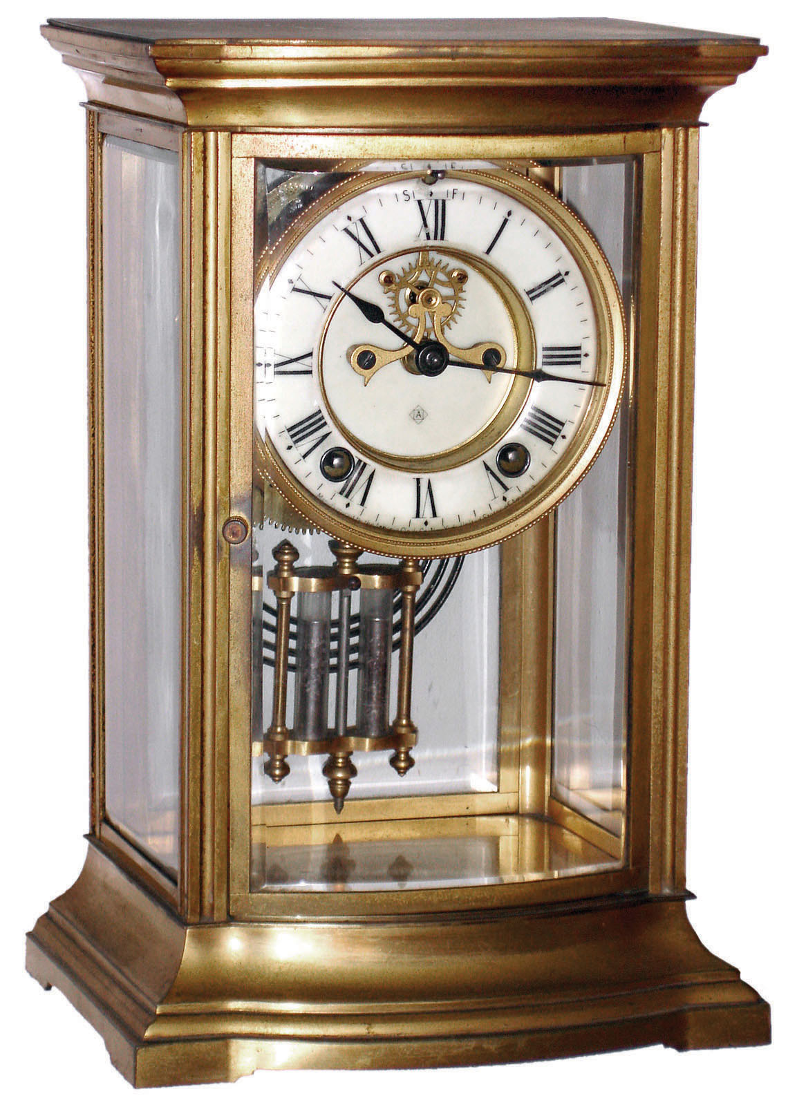 Ansonia Clock Co., New York, "Roy" brass and beveled 8 day time and strike crystal regulator, visible escapement, c1914 — Antique Clocks Price Guide