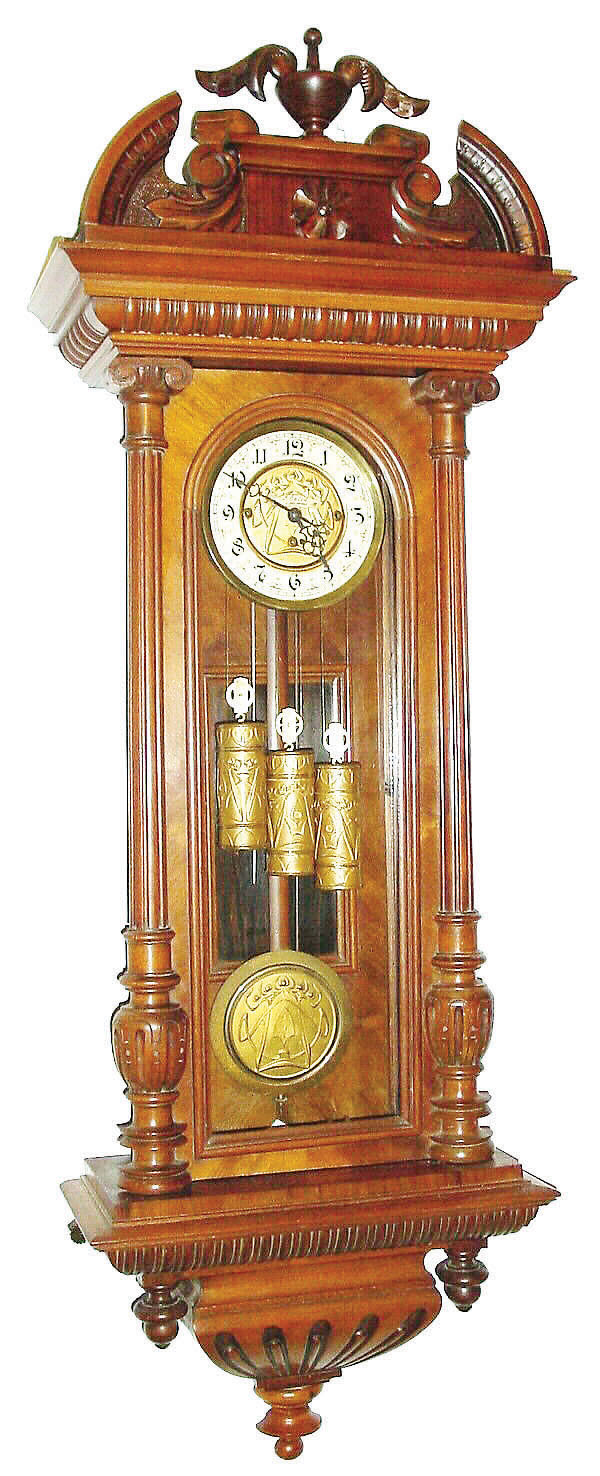 Gustav Becker, Germany, "Vienna Regulator" wall clock, 8 days, time, rod quarter strike - Grand Sonnerie, three weight driven movement in a walnut alt Deutsch case, c1890 — Antique Clocks Price Guide