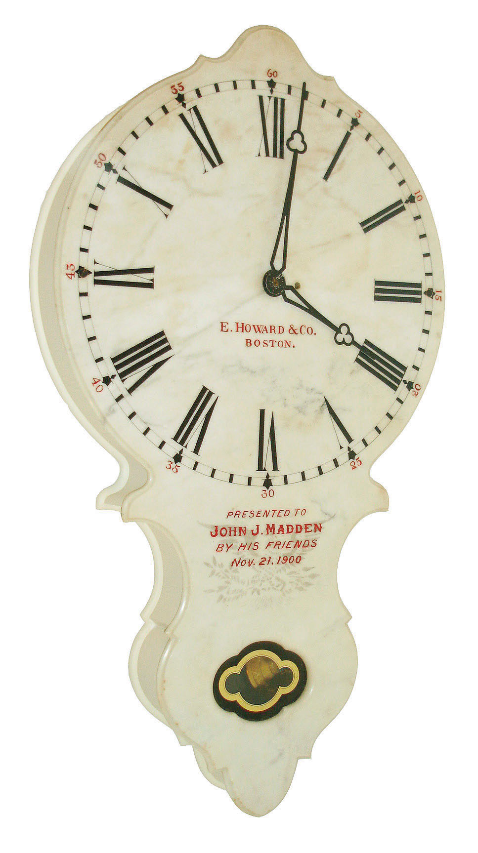 E. Howard &amp; Co., Boston, Mass., "No. 17 Marble Dial" wall clock, 8 days, time only, weight driven movement in a white painted wooden case with marble front presented to "JOHN J. MADDEN BY HIS FRIENDS NOV. 21, 1900", c1900 — Antique Clocks Price Guide