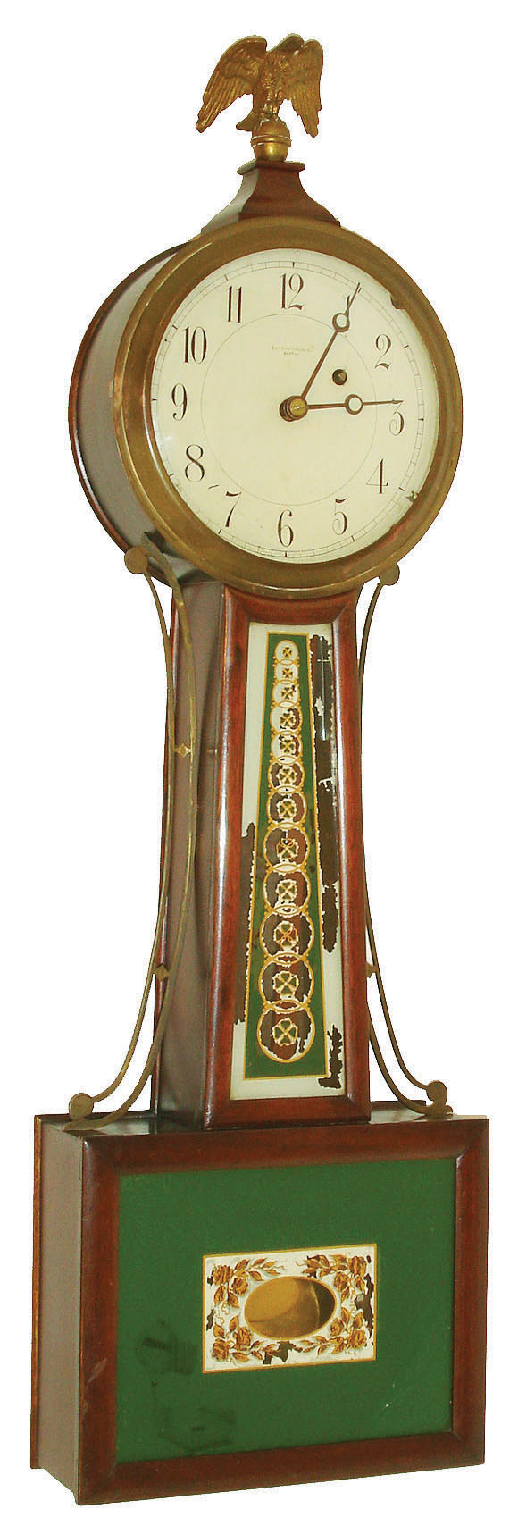 Chelsea Clock Co., Boston, Mass., 8 day, weight brass movement patent or banjo timepiece or clock retailed by Smith Patterson Co., Boston,  Serial No. 93093. Case is stamped 13, c1915 — Antique Clocks Price Guide