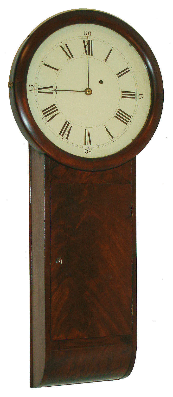 Tavern Clock, Massachusetts, pine case with mahogany veneer, glazed 4 piece turned mahogany bezel, Roman numeral concave iron painted dial, black painted steel hands, 8 day time only movement, lead weight, and banjo style pendulum, c1825 — Antique Clocks Price Guide