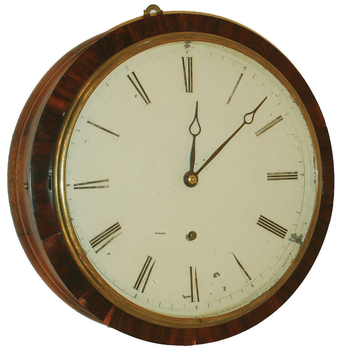 C. Jerome, New Haven, Ct., 8 day gallery timepiece, turned hardwood case with mahogany veneered front, glazed brass bezel with Roman numeral, signed white painted metal dial, black painted pierced spade hands, brass fusee movement on mahogany seat board, brass clad pendulum, rear door with printed paper label, and removable lower panel for pendulum access, c1850 — Antique Clocks Price Guide