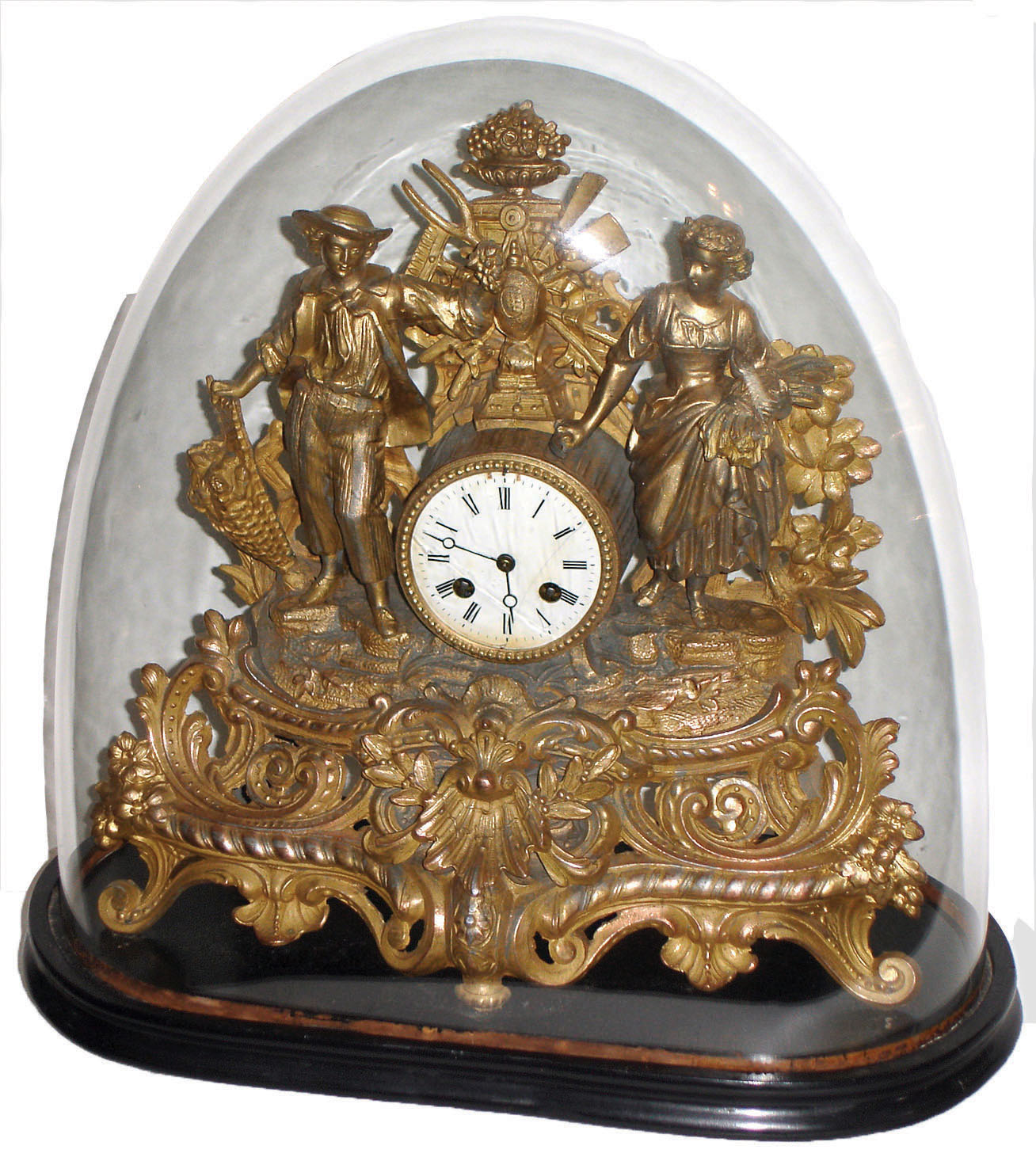 French gilt brass and spelter figural 8 day time and strike mantel clock on wood base with oval glass dome, c1880 — Antique Clocks Price Guide