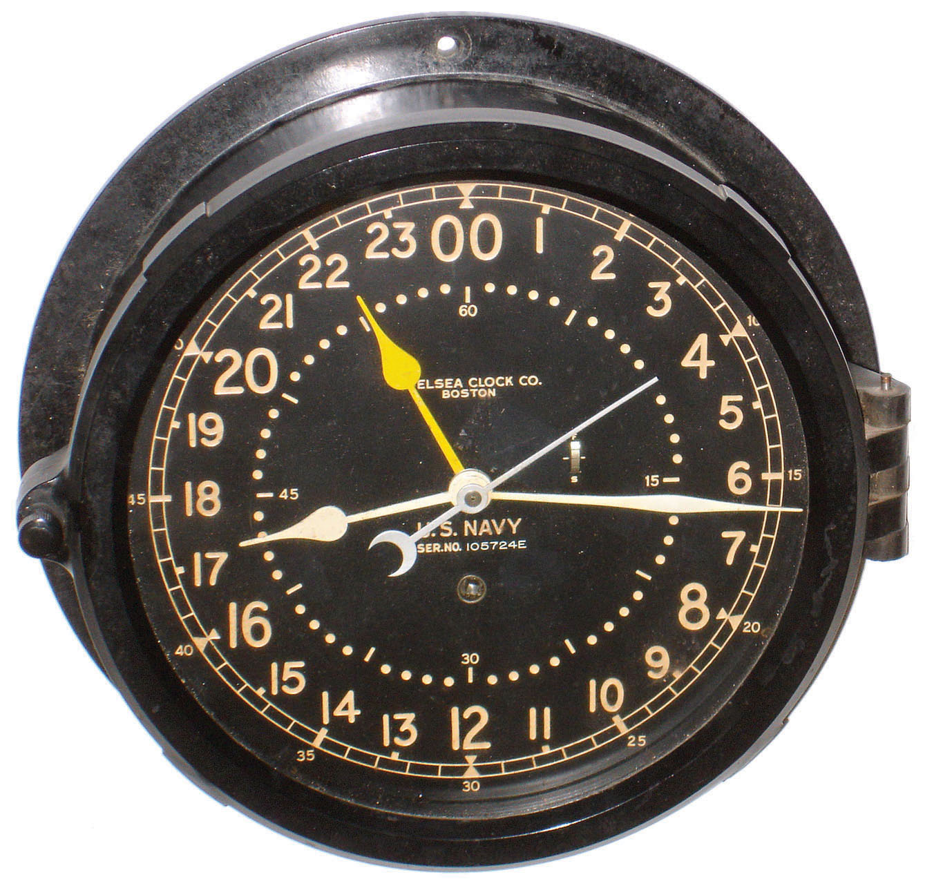 Chelsea Clock Co., Boston, Mass., U.S. Navy 8 day 8.5" black 24-hour dial  time-only phenolic case wall clock, 1945 — Antique Clocks Price Guide