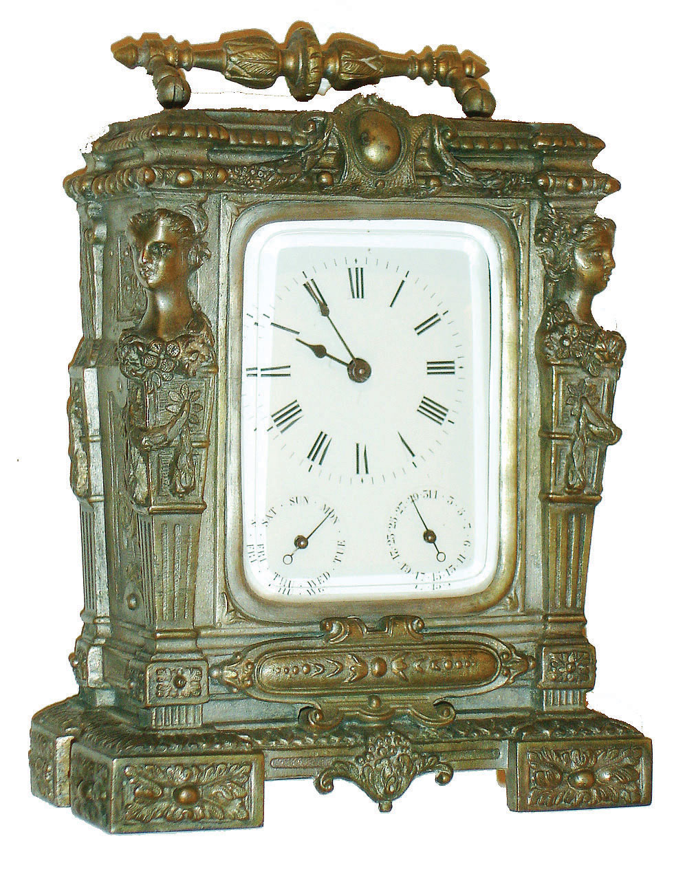 France, 8 day time and calendar carriage clock, spelter case in silver finish with caryatid corners, and decorated with classical style ornament, beveled glasses, Roman numeral white enamel dial with day of the week and date display, the calendar advancing at midnight, blued steel hands, key wind and set movement with lever platform, c1890 — Antique Clocks Price Guide