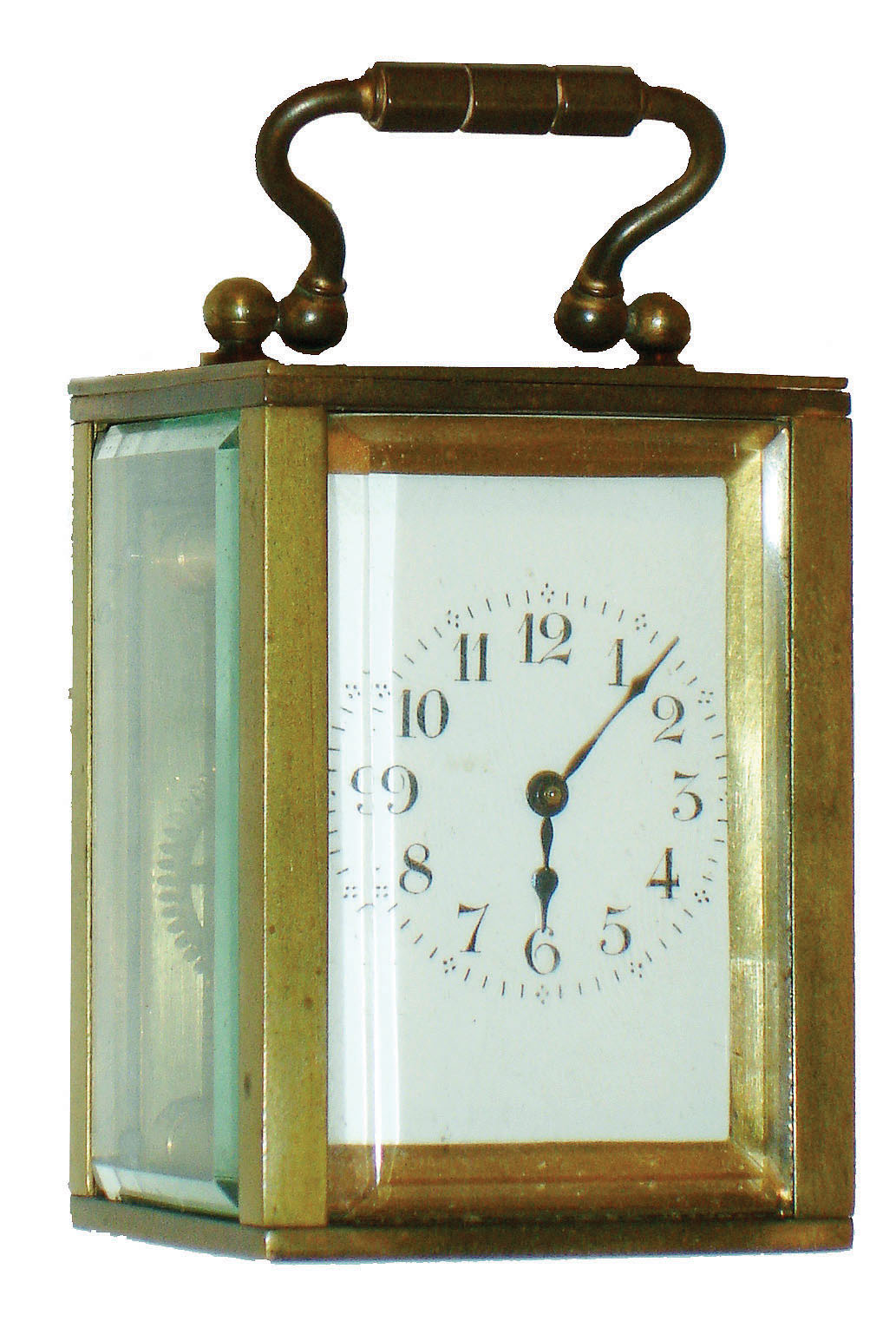 France, for Harris &amp; Harrington, New York, miniature carriage clock with original travel case, rectangular brass case with carrying handle and beveled glass panels, unglazed back door, Arabic numeral, white enamel dial with blued steel spade and poker hands, 8 day time only movement with lever platform, travel case with patterned leather covering, removable blind panel, and interior glass panel, c1900 — Antique Clocks Price Guide