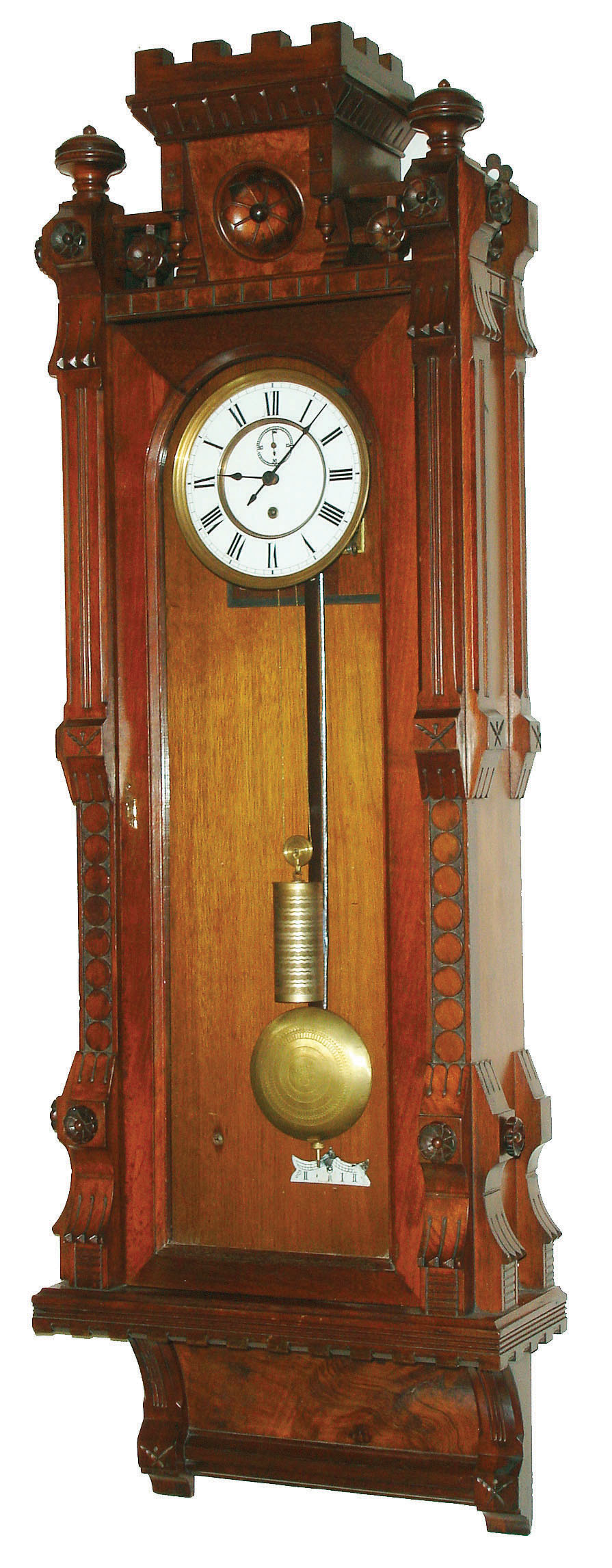 Eastlake American Wall Clock, attributed to Herter Brothers, New York, 8 days, time only, weight driven Vienna regulator movement with white enamel dial and seconds bit in an extra deep walnut and burled walnut case with carved rosettes, engravings and turned urn finials, c1880 — Antique Clocks Price Guide