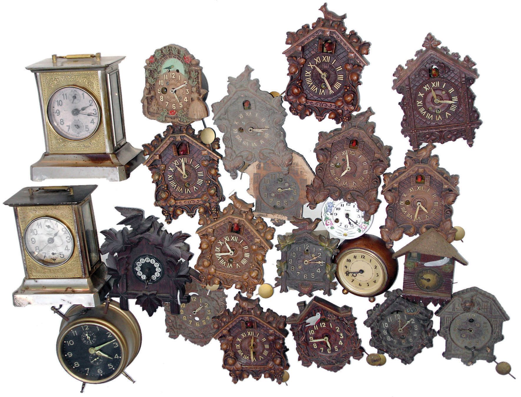 Small clocks, two full boxes, fifty-plus:  mostly Westclox and Lux, plus additional parts — Antique Clocks Price Guide