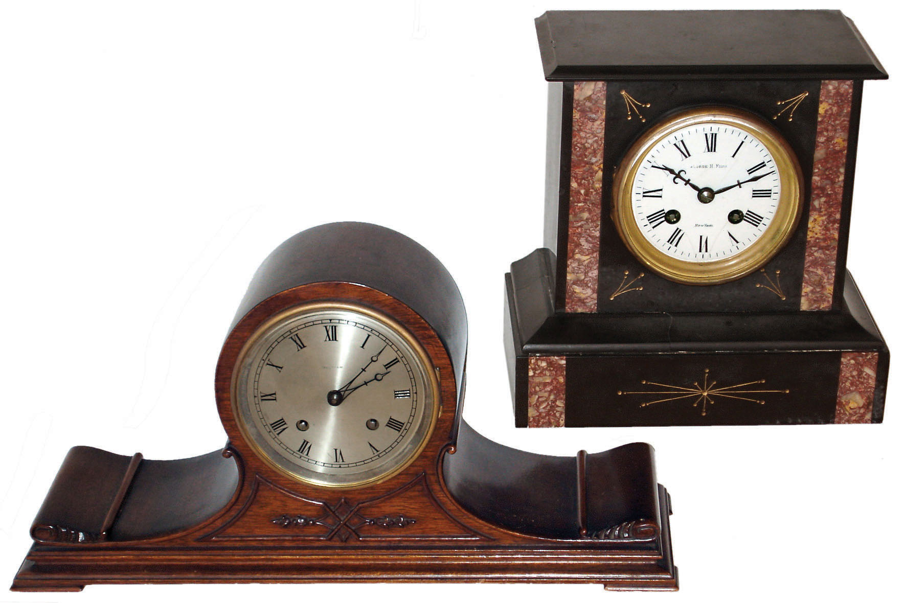Clocks- 2 (Two) 8 day time and strike mantel clocks: Waltham mahogany tambour; French marble with dial signed "George H. Ford, New Haven", early 20th century — Antique Clocks Price Guide
