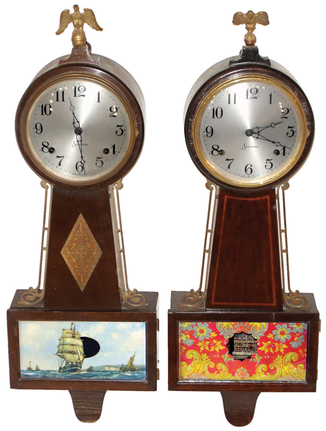 Clocks- 2 (Two) Sessions "Halifax" mahogany 8 day time and strike banjo clocks, c1930 — Antique Clocks Price Guide
