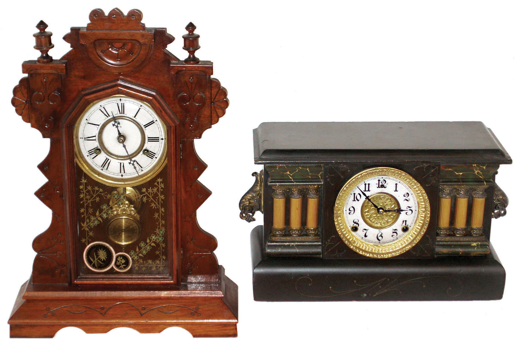 Clocks- 2 (Two) 8 day time and strike mantel clocks: New Haven "Tiffany" walnut parlor clock; Wm. Gilbert "Stanley" black enameled wood 6-column clock; c1900 — Antique Clocks Price Guide