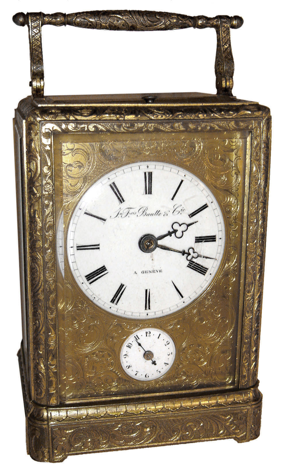 J.F. (Jean Francois) Bautte &amp; Cie, Geneve, 8 day brass and beveled glass repeating petite sonnerie with alarm carriage clock in one-piece case, c1860 — Antique Clocks Price Guide