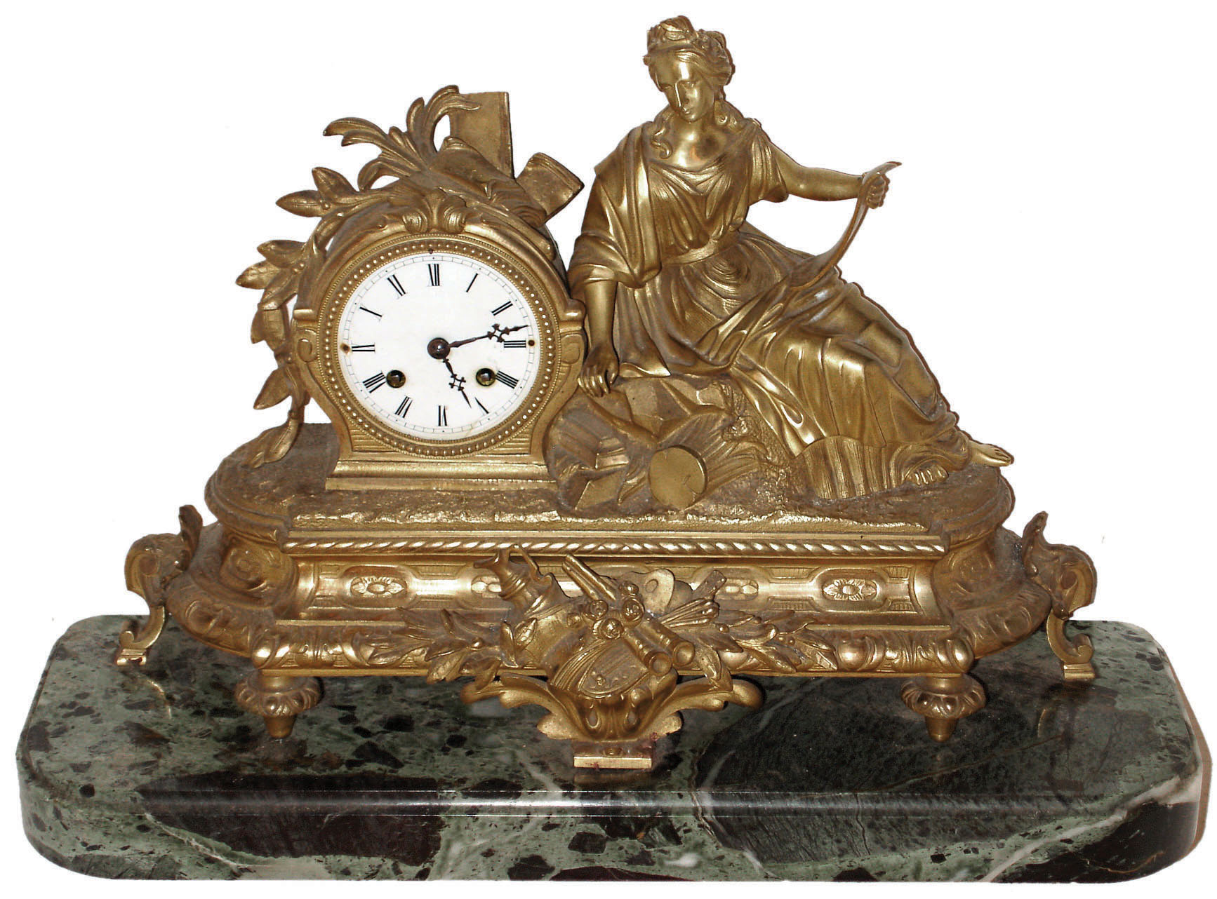French gilt bronze, attached to marble base, figural 8 day time and strike mantel clock, c1890 — Antique Clocks Price Guide