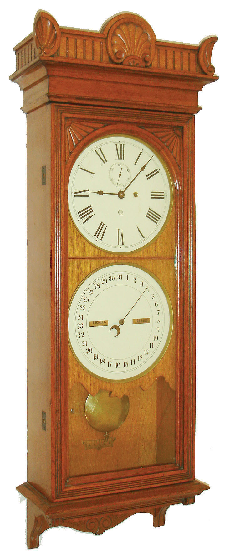 Seth Thomas Clock Company, Thomaston, Conn., "Office Calendar No. 12" wall clock, 8 days, time and perpetual calendar, weight driven movement in an oak case with painted metal dials and brass pendulum bob, c1892 — Antique Clocks Price Guide